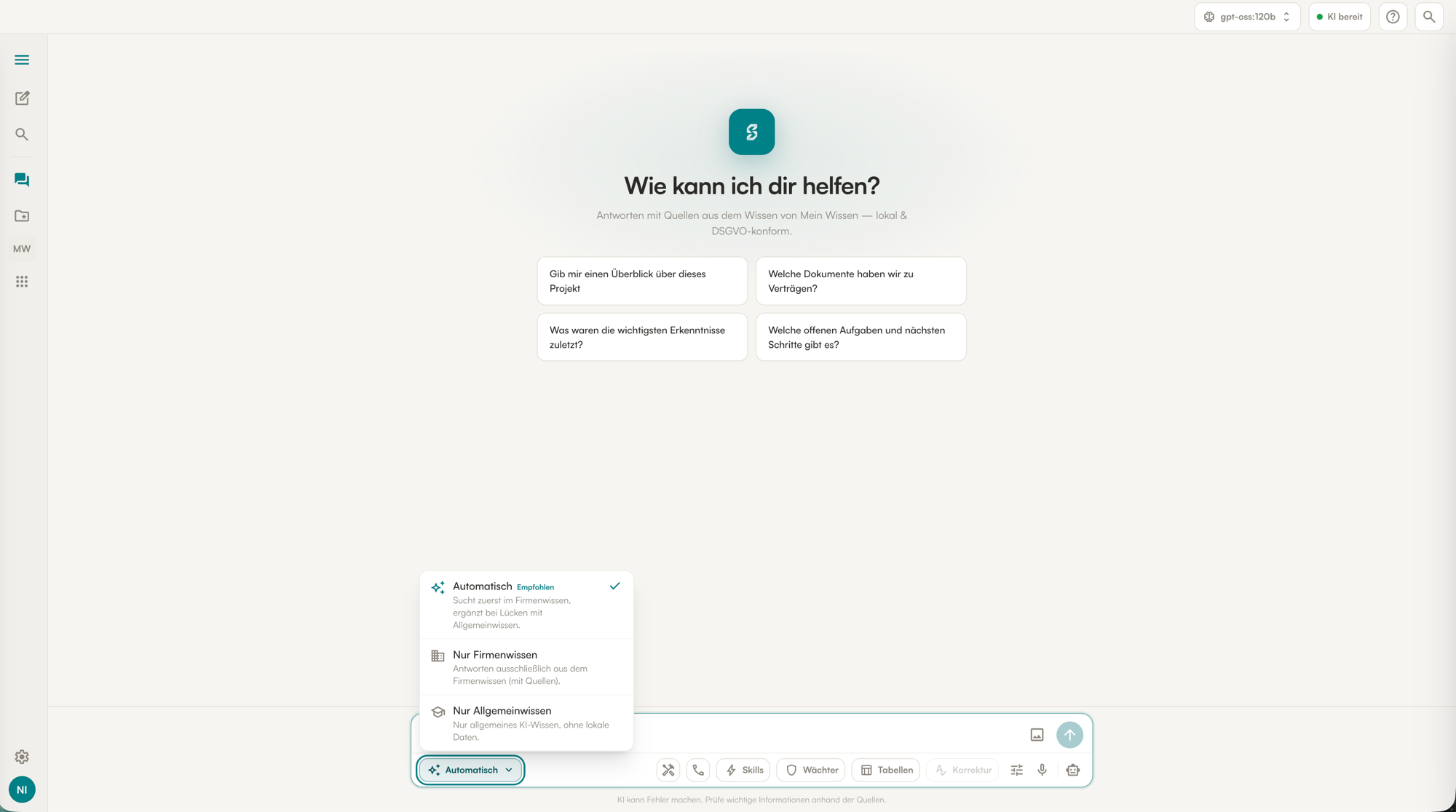 ScaleWise Local Oberfläche für Kanzleien: lokale KI-Antworten mit Quellen aus den eigenen Unterlagen